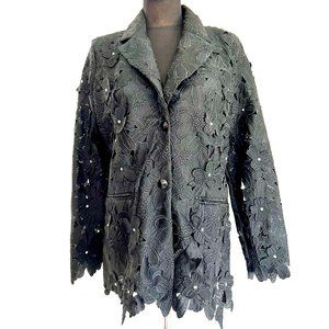 NWT Berek Floral Lace Jacket Peek-A-Boo 3D Button Front Jacket w/ Rhinestone